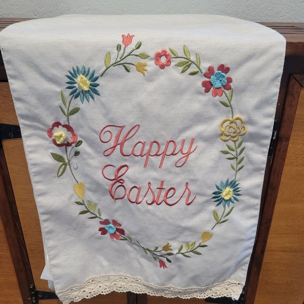 Easter Table Runner 14 × 74 Embroidered  Happy Easter  Floral ring Linen Feel